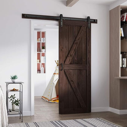 FREDBECK 30in x 84in Brown Barn Door with 5ft (60inch) Barn Door Hardware Track Kit and Handle Included, Double Surfaces,Simple Assembly is Required,K-Frame,Coffee