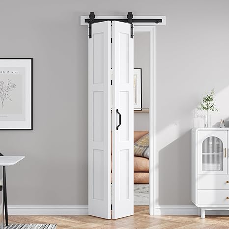 FREDBECK 24X84(Double 12x84) White Bifold Door Sliding Folding Barn Doors Double with  Hardware Kit & Handle,Solid MDF Door with Water-Proof PVC Surface for Closet,Assembly Required