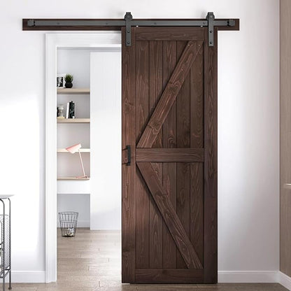 FREDBECK 30in x 84in Brown Barn Door with 5ft (60inch) Barn Door Hardware Track Kit and Handle Included, Double Surfaces,Simple Assembly is Required,K-Frame,Coffee