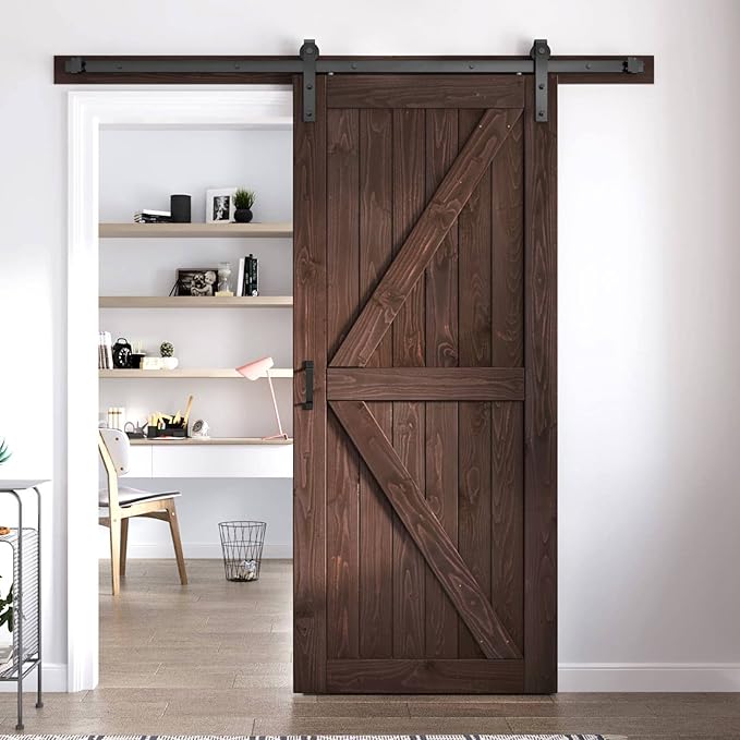 FREDBECK 30in x 84in Brown Barn Door with 5ft (60inch) Barn Door Hardware Track Kit and Handle Included, Double Surfaces,Simple Assembly is Required,K-Frame,Coffee