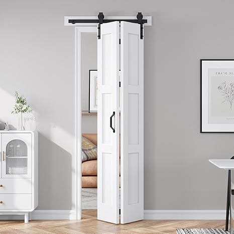 FREDBECK 24X84(Double 12x84) White Bifold Door Sliding Folding Barn Doors Double with  Hardware Kit & Handle,Solid MDF Door with Water-Proof PVC Surface for Closet,Assembly Required