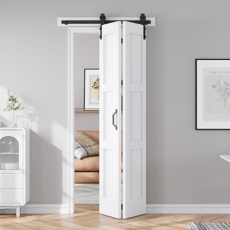 FREDBECK 24X84(Double 12x84) White Bifold Door Sliding Folding Barn Doors Double with  Hardware Kit & Handle,Solid MDF Door with Water-Proof PVC Surface for Closet,Assembly Required