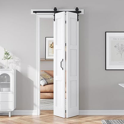 FREDBECK 24X84(Double 12x84) White Bifold Door Sliding Folding Barn Doors Double with  Hardware Kit & Handle,Solid MDF Door with Water-Proof PVC Surface for Closet,Assembly Required