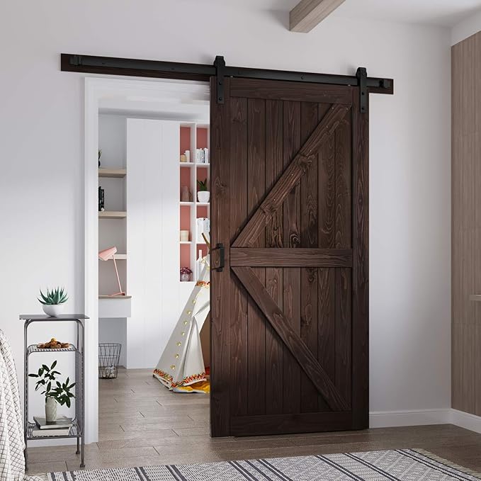 FREDBECK 30in x 84in Brown Barn Door with 5ft (60inch) Barn Door Hardware Track Kit and Handle Included, Double Surfaces,Simple Assembly is Required,K-Frame,Coffee