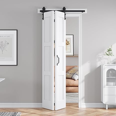 FREDBECK 24X84(Double 12x84) White Bifold Door Sliding Folding Barn Doors Double with  Hardware Kit & Handle,Solid MDF Door with Water-Proof PVC Surface for Closet,Assembly Required