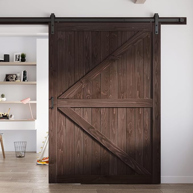 FREDBECK 30in x 84in Brown Barn Door with 5ft (60inch) Barn Door Hardware Track Kit and Handle Included, Double Surfaces,Simple Assembly is Required,K-Frame,Coffee