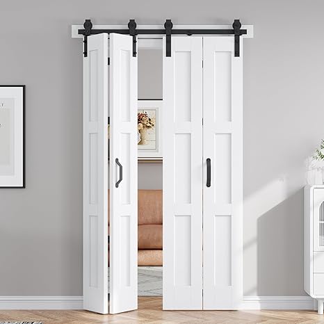 FREDBECK 24X84(Double 12x84) White Bifold Door Sliding Folding Barn Doors Double with  Hardware Kit & Handle,Solid MDF Door with Water-Proof PVC Surface for Closet,Assembly Required