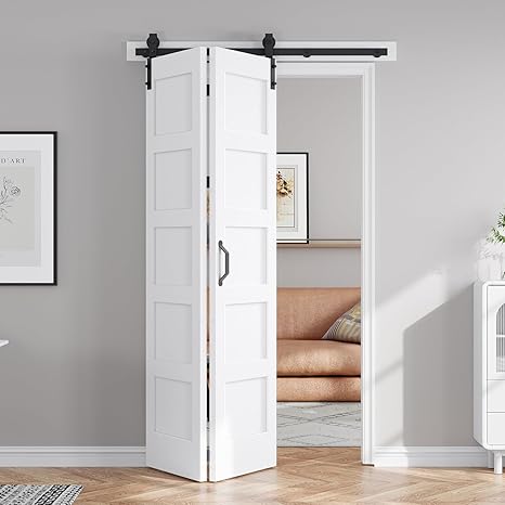 FREDBECK 24X84(Double 12x84) White Bifold Door Sliding Folding Barn Doors Double with  Hardware Kit & Handle,Solid MDF Door with Water-Proof PVC Surface for Closet,Assembly Required