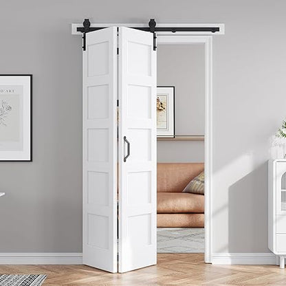 FREDBECK 24X84(Double 12x84) White Bifold Door Sliding Folding Barn Doors Double with  Hardware Kit & Handle,Solid MDF Door with Water-Proof PVC Surface for Closet,Assembly Required